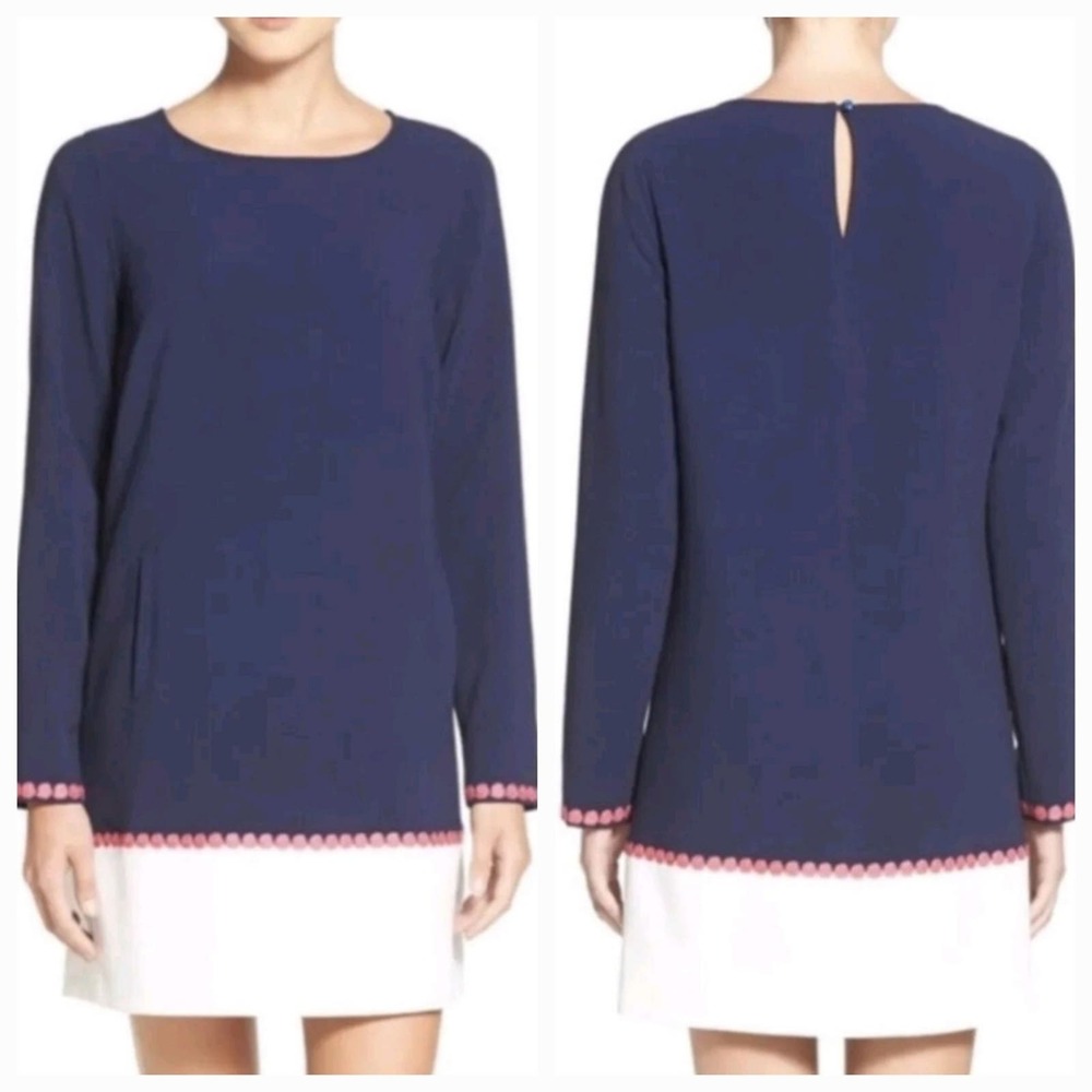 Vineyard‎ Vines Women's Crepe Color Block Embroidered Trim Dress Navy Pink Small